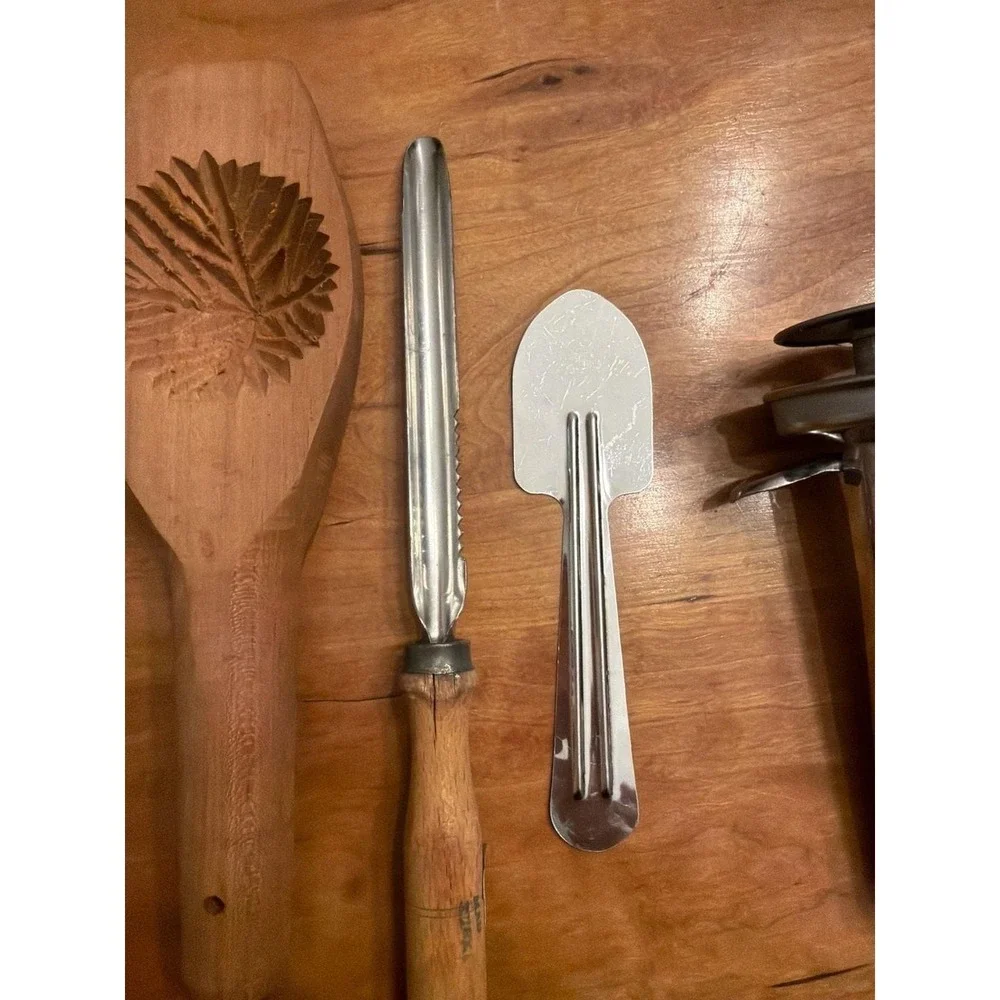 Vintage Hand Carved Wooden Ma'amoul Cookie and Butter Mold Set with Tools